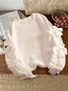 LMoss Kids LMoss Young Girl Solid Color Round Neck Bow Decor Casual Sweater, Fall Sweaters, Young Girl Fall Clothes Stitich Winter - White - View 1