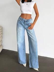 RueChic 女士低腰阔腿蓝色牛仔裤 日常休闲 - 中等水洗藍 - 查看 3