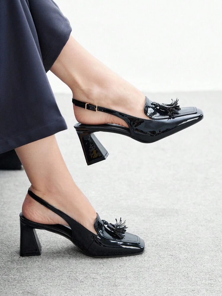 CUCCOO BIZCHIC Women's High-End Black Patent Leather Peep Toe Chunky Heel Sandals, Fashionable & Versatile
