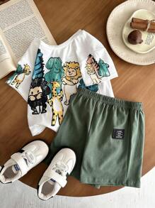 SHEIN 2pcs Baby Boys Casual Cute Animal Crayon Print Loose Fit Round Neck Knitted Top T-Shirt & Knitted Shorts 2 Pieces Set, Suitable For Spring/Summer Wear, Indoor And Outdoor - Green - View 5