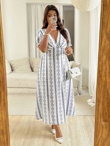 Vionelle Plus Size Women's Elegant Puff Sleeve V-Neck Vintage Print Cinched Waist Midi Dress, Spring/Summer/Autumn - Blue and White - View 1