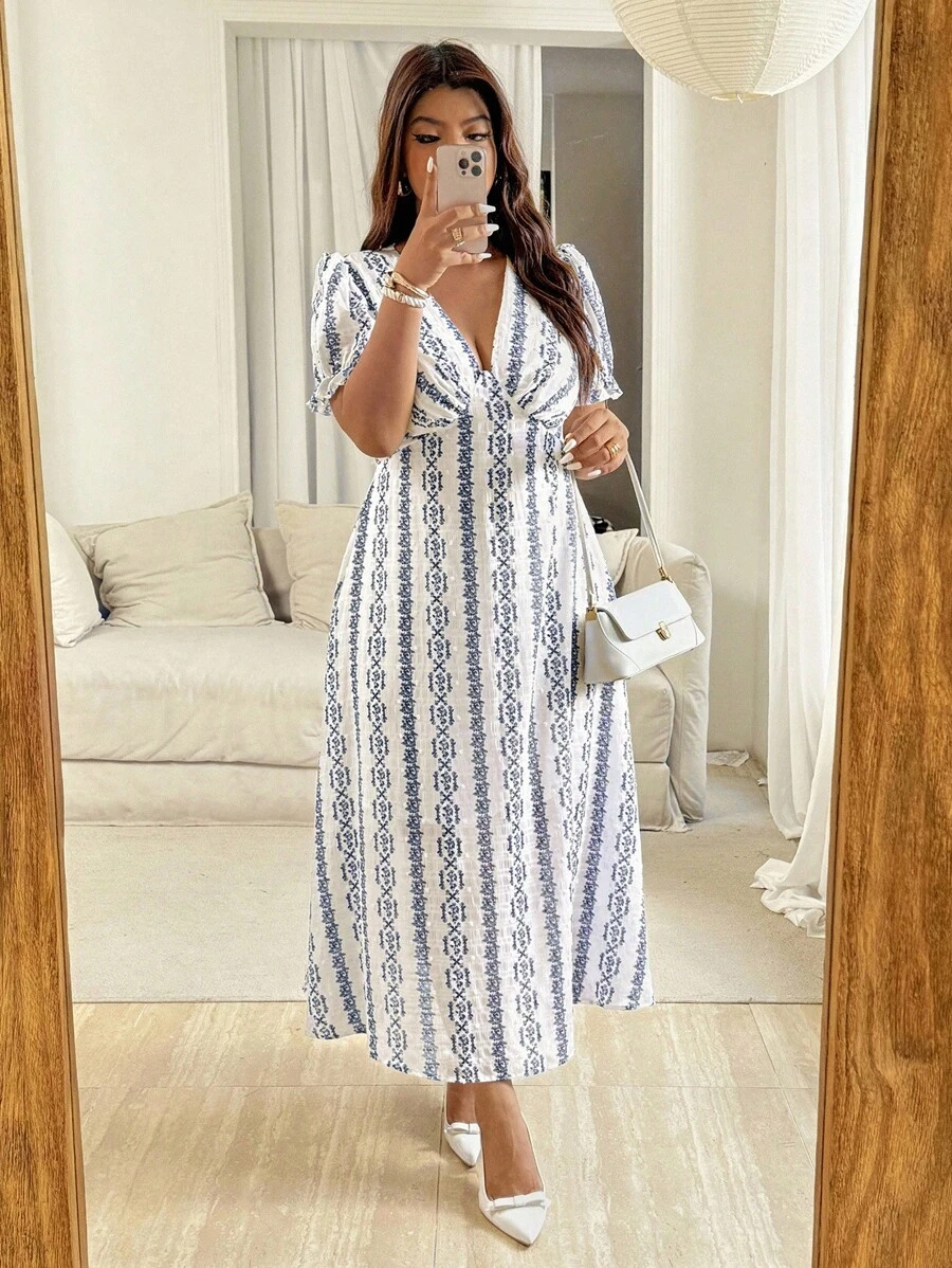 Vionelle Plus Size Women's Elegant Puff Sleeve V-Neck Vintage Print Cinched Waist Midi Dress, Spring/Summer/Autumn - Blue and White - View 1