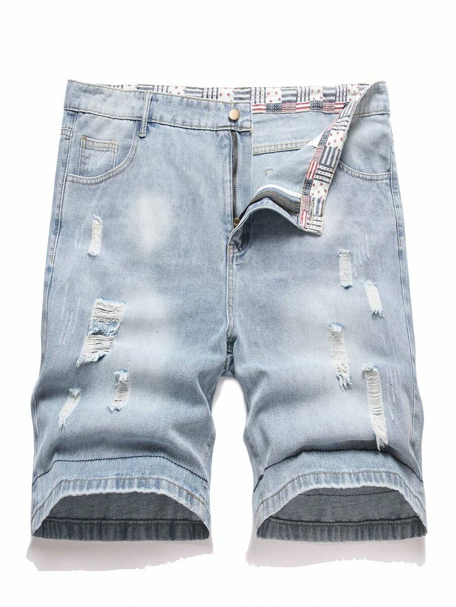 Chillumni Plus Size Men's Casual Loose Fit Ripped Pocket Denim Shorts, Emo Style - Blue - View 1