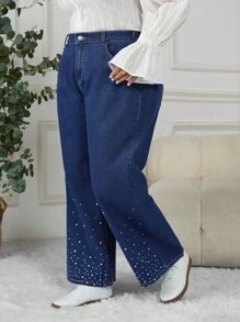SHEIN CURVE+ Plus Size Fashion Commuter Rhinestone Embellished Straight Leg Jeans - Medium Wash - View 5
