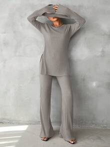 EURMUSE Cotton Solid Split Hem Tee & Flare Leg Pants - Coffee Brown - View 4