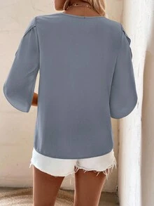 SHEIN LUNE Solid Asymmetrical Neck Petal Sleeve Blouse - Blue - View 2