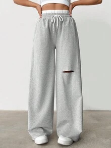 CasuGlow Cotton Drawstring Waist Casual Cut Out Wide Legs Sweatpants - Grey - View 9
