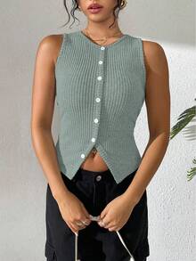 Chiquease Áo hai dây ngắn có gân thường ngày dành cho nữ, xẻ tà bên hông - Màu xanh nhạt - Xem 4