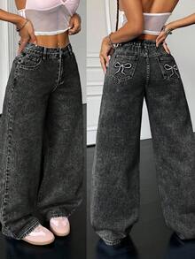 SHEIN PETITE 90年代女款基礎休閒寬鬆藍色牛仔褲 蝴蝶結牛仔褲 返校牛仔褲 韓系時尚 寬鬆女牛仔褲 蝴蝶結牛仔褲 高個女款/嬌小女款 - 黑色 - 查看 1