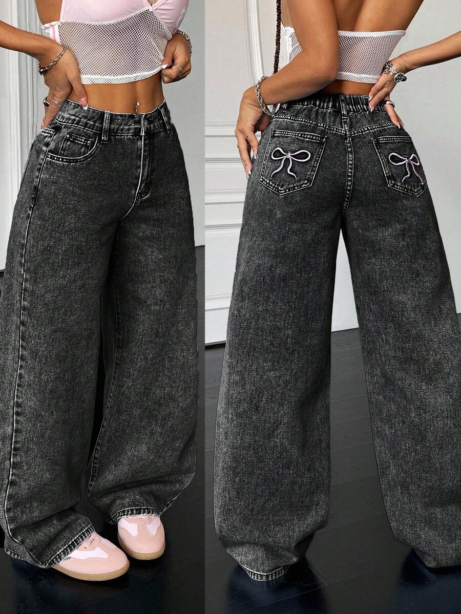 SHEIN PETITE 90年代女款基礎休閒寬鬆藍色牛仔褲 蝴蝶結牛仔褲 返校牛仔褲 韓系時尚 寬鬆女牛仔褲 蝴蝶結牛仔褲 高個女款/嬌小女款 - 黑色 - 查看 1