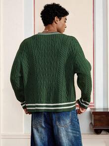 SWAVVY Men's Standard V-Neck Cable Knit Long Sleeve Sweater , Fall Winter - Dark Green - View 2