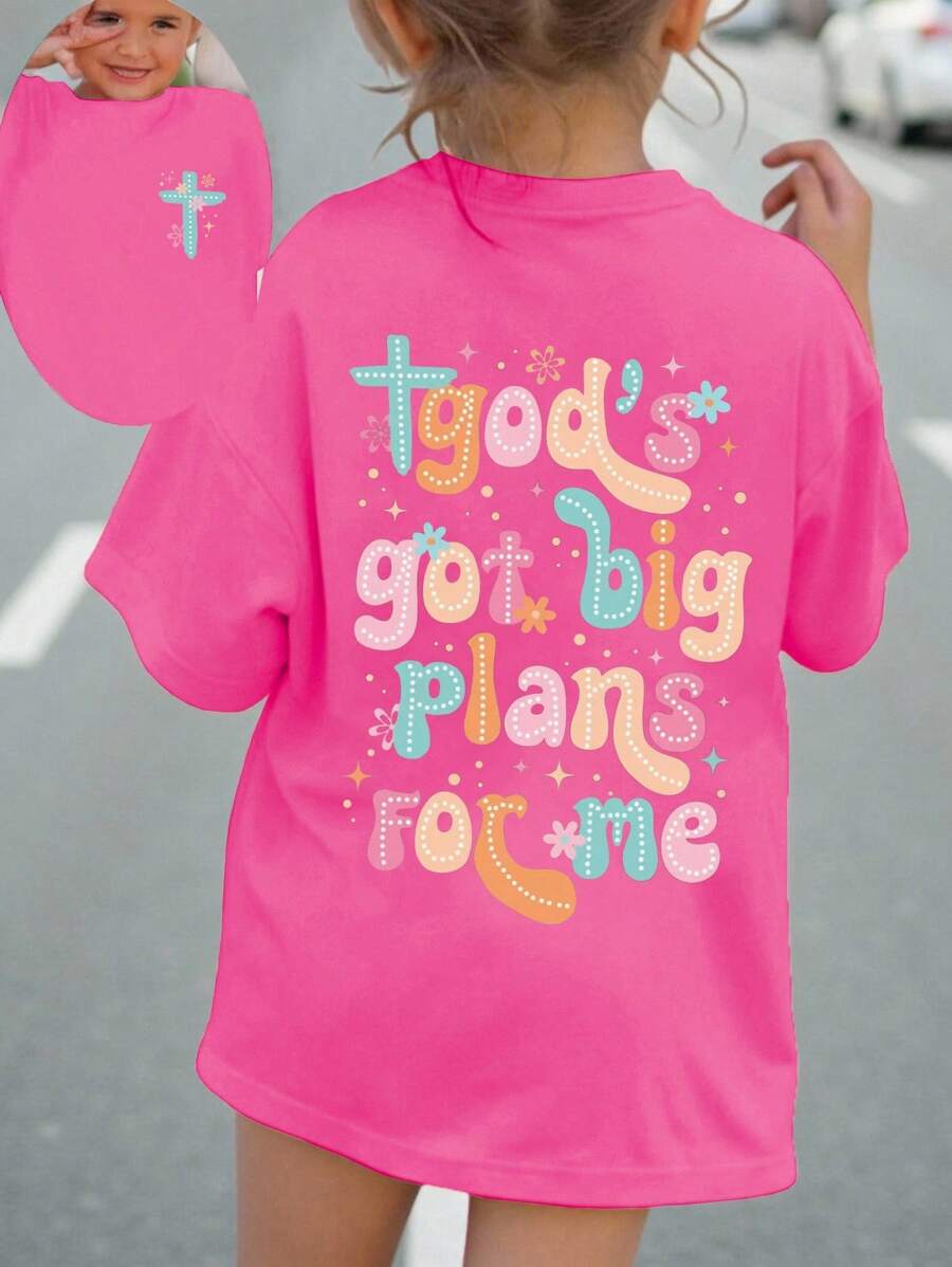 Tween Girls' Casual Fashion Comfortable Minimalist Colorful Graphic Tee, Short Sleeve T-Shirt For Spring & Summer, School, Campus, College - Hot Pink - View 1