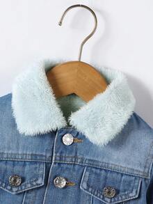 SHEIN Playful Pals 1pc Baby Boys' Casual Washed Light Blue Denim Jacket With Thermal Lined And Foldover Collar, Suitable For Baby Boys Autumn/Winter Fall - Light Wash - View 8