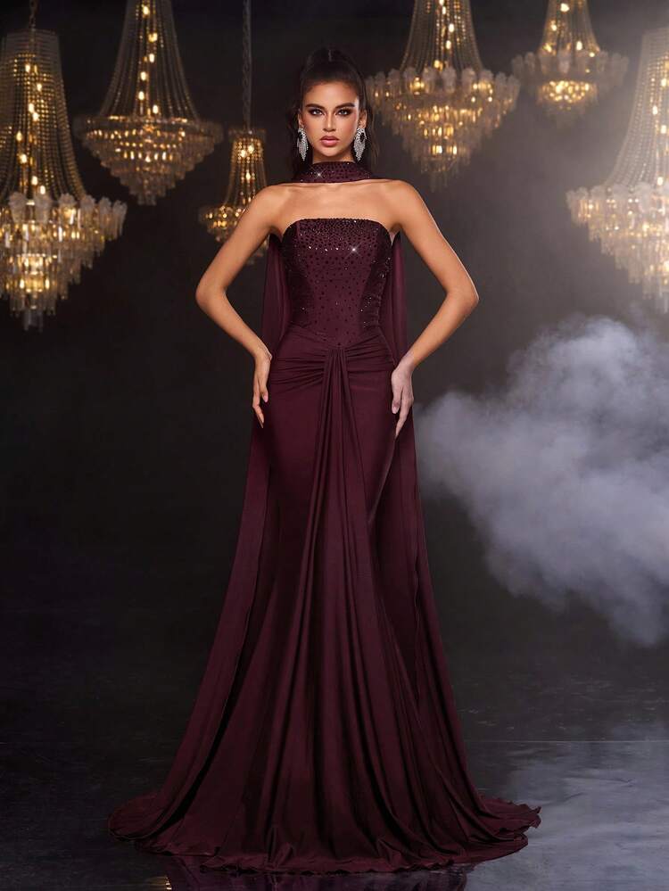 Glamrae Elegant, Luxurious, Rhinestone Embellished Sexy Bandeau Elastic Knit Mermaid Dress, Suitable For Weddings, Singles Parties, Vacations, Galas, Formal Events (Heavy Embellishment) - Burgundy - View 7