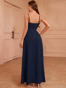 SHEIN Belle Women's Solid Color Elegant Front Pleated Slit Strap Bridesmaid Dress (Adult) - Navy Blue - View 2