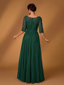 Serin 浪漫优雅圆领七分袖蕾丝撞色网纱A字下摆奢华贴花连衣裙，适合晚宴、约会、舞会、单身派对、音乐节、婚礼、新娘母亲、情人节等场合。 - 墨綠色 - 查看 2