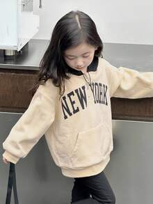 DAZY Young Girls Hooded Sherpa English Print Casual Street Style Long Sleeve Sweatshirt Fall,Winter - Apricot - View 4