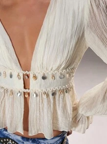 TRNVIE 1 件杏色秋冬波西米亚街头 V 领修身纹理贝壳珠和流苏装饰荷叶边下摆海滩度假波西米亚派对女式衬衫 - 杏色 - 查看 3