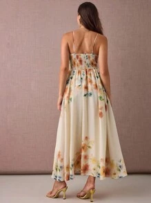 Enchnt Fall/Winter Romantic Women's Apricot Floral Print Spaghetti Strap Princess Maxi Dress - Yellow - View 7