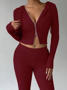 FavEase 2 件杏色羊毛罗纹纹理拉链短款连帽衫和复古喇叭裤套装，简约休闲运动服，女士衣橱必备单品，春秋季 - 酒紅色 - 查看 4