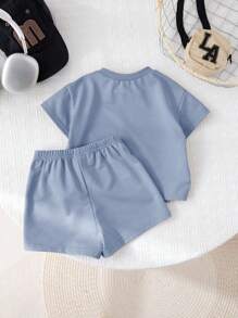 SHEIN 3pcs/Set Babybo Summer Casual Letter Print Short Sleeve T-Shirt, Elastic Waist Shorts, Bonus Crossbody Bag - Blue - View 2