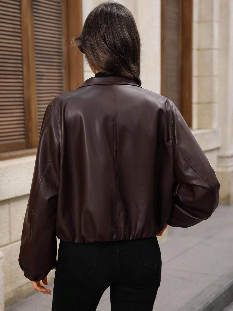 Women's Zip-Up Short PU Leather Jacket, Autumn Women's Clothing, Women's Jacket, Leather Jacket, Autumn Women's Clothing, Short Jacket, Leather Jacket, Women's Bomber Jacket, Women's Outdoor Wear, Brown Jacket