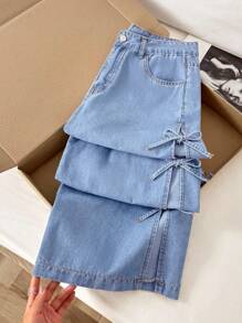 Comfortcana Casual Washed Bowknot Decor Side Slit Jeans Y2k - Light Wash - View 1