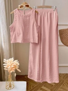2件套女式无袖纯色背心和裤子 - 粉色 - 查看 6