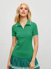 Cheerettes 简约时尚撞色条纹领拉链短袖 Polo 衫 - 橄欖綠 - 查看 3