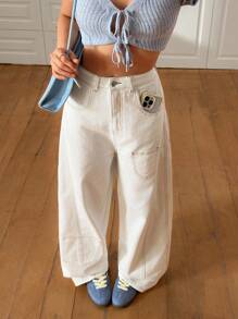 EURMUSE 高腰宽松白色牛仔裤 - 白色 - 查看 6