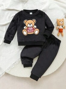 2件套可爱男婴毛绒圆领长袖上衣和裤子套装 - 黑色 - 查看 1