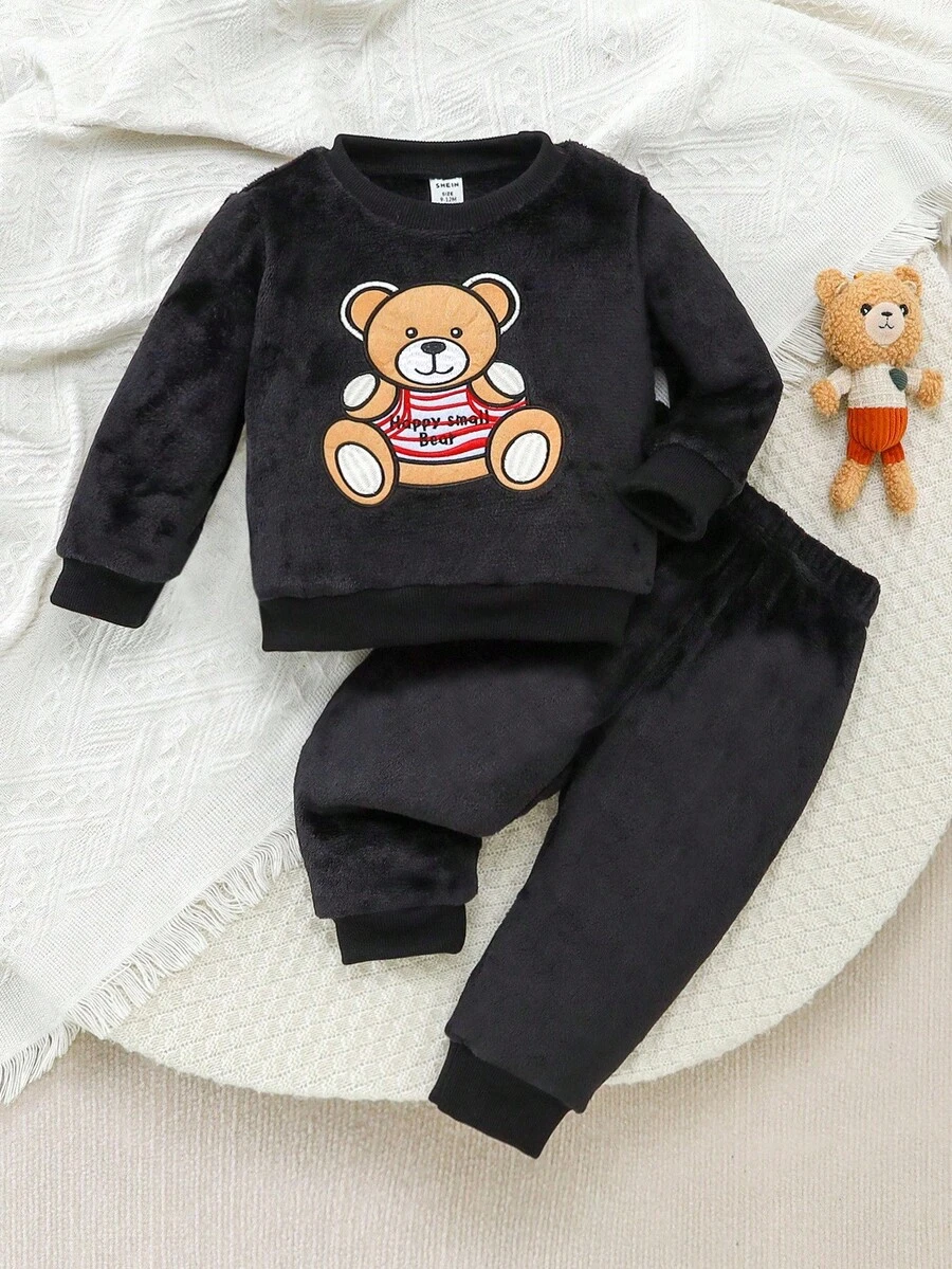 2件套可爱男婴毛绒圆领长袖上衣和裤子套装 - 黑色 - 查看 1