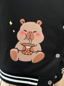 少女撞色卡通印花夹克和百褶裙套装 - 黑色 - 查看 6