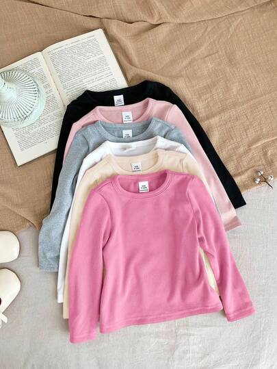 SHEIN LMoss Kids LMoss 年轻女孩休闲基础款纯色针织弹力长袖汗衫上衣多件 6 件套，非常适合秋冬季休闲日常穿着和上学日常，必备百搭，妈妈和女儿搭配，姐妹和我搭配，