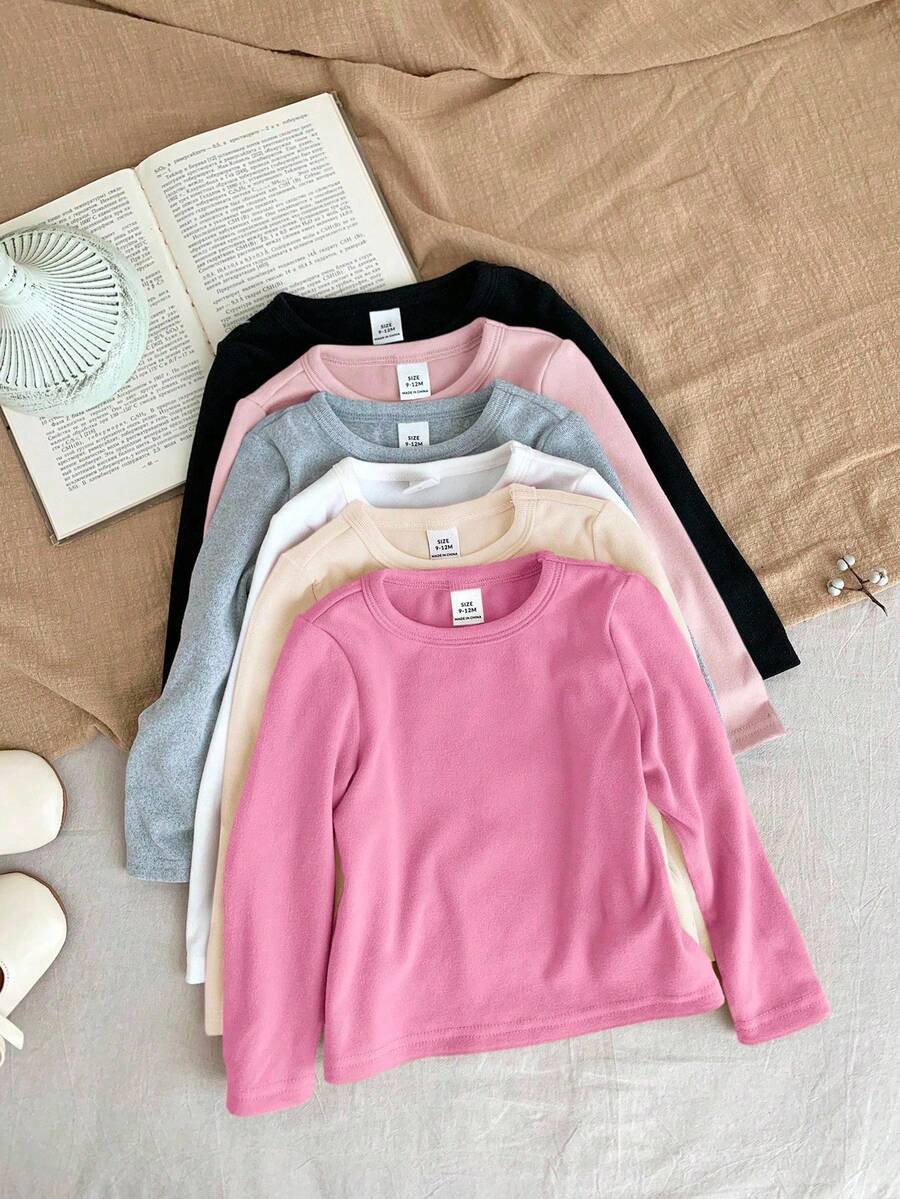 SHEIN LMoss Kids LMoss 年轻女孩休闲基础款纯色针织弹力长袖汗衫上衣多件 6 件套，非常适合秋冬季休闲日常穿着和上学日常，必备百搭，妈妈和女儿搭配，姐妹和我搭配， - 粉色 - 查看 1