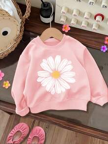 SHEIN Áo nỉ dài tay cổ tròn dày dặn, màu hồng kem, dễ thương, thanh lịch, tối giản, họa tiết hoa cúc mùa thu, thích hợp cho bé gái, phù hợp cho mùa thu/đông, thoải mái, dễ mặc, nhiều lớp, phong cách, trang phục thường ngày, họa tiết, mùa thu, không khí mùa thu, mùa thu. - Hồng - Xem 3