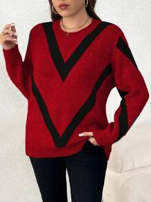 Elenzga Femmes grande taille, pull tricoté jacquard à col rond, manches longues, style décontracté et amincissant. Automne/Hiver - Rouge - Voir 3