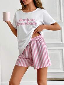 RueChic Cotton 2pcs Women Line Print Short And Slogan Print Top Homewear Pajama Set - White - View 4