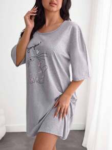 EURMUSE Vestido de dormir básico feminino plus size com estampa de animal fofo - Cinza - Ver 5