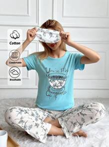 RueChic 2pcs/Set Women'S Flower Rint Pajamas And Coffee Print Top Homewear Pajama Set - Blue - View 1