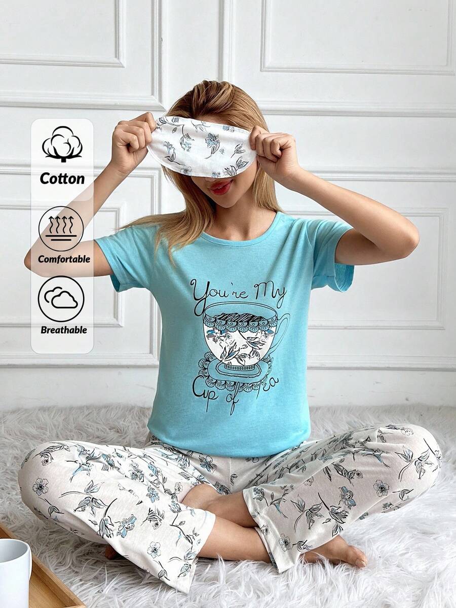 RueChic 2pcs/Set Women'S Flower Rint Pajamas And Coffee Print Top Homewear Pajama Set - Blue - View 1