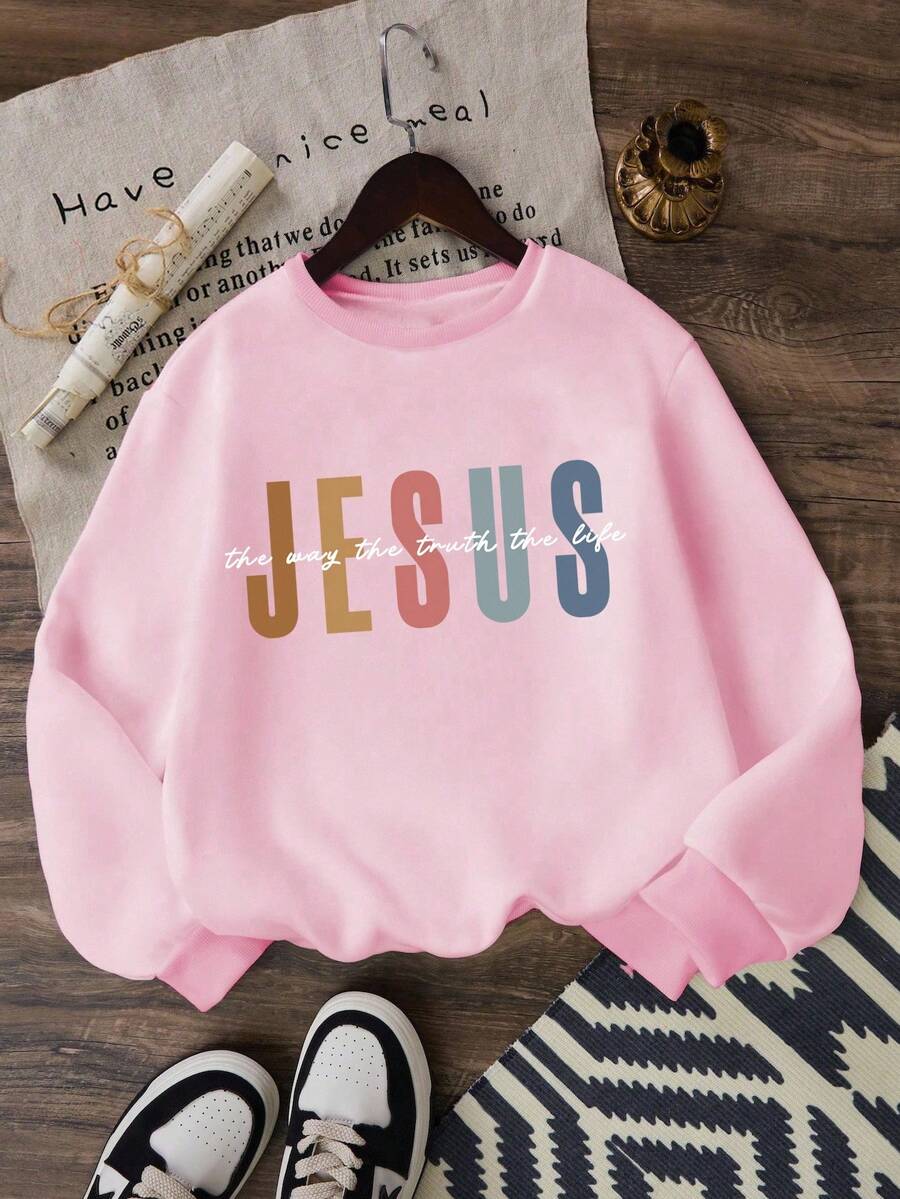 女童休闲圆领卫衣，正面图案印花，简约时尚，适合日常穿着，冬季 - 粉色 - 查看 1