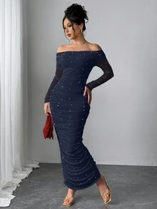Firerie Elegantes weißes Damen Maxikleid mit Off-Shoulder Ausschnitt, Perlendekor, Rüschen, figurbetonter Passform, romantisch für Partys und Dates, Valentinstag - marineblau - Übersicht 6