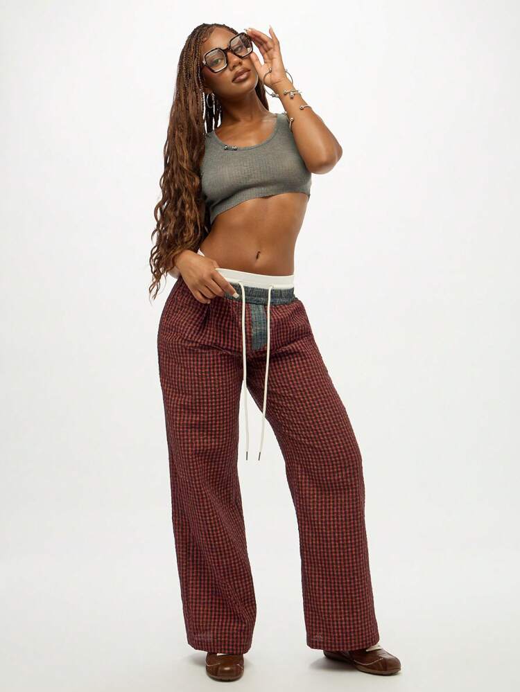 SUMWON WOMEN Check Print Cotton Pants With Contrast Waistband