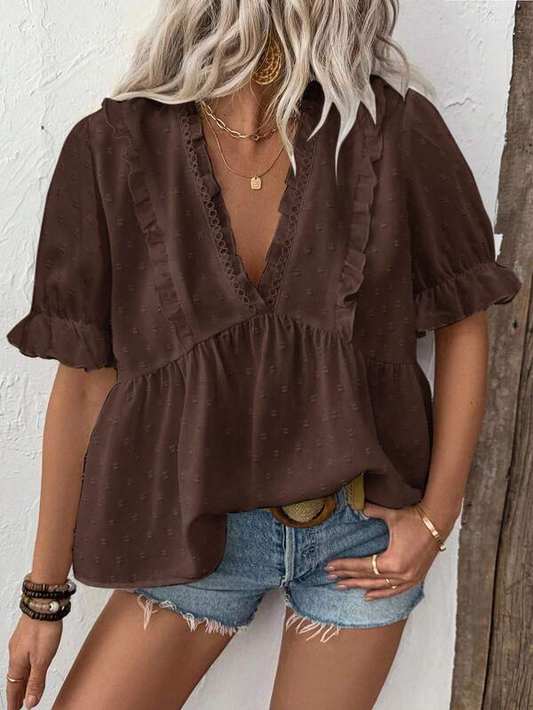 Calvaya Women's 3D Laser Cut V-Neck Puff Sleeve Blouse