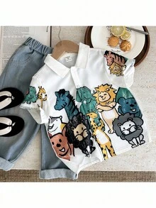 SHEIN Leap Crew Young Boy Casual Cute Pattern Short Sleeve Shirt - Pink - View 1