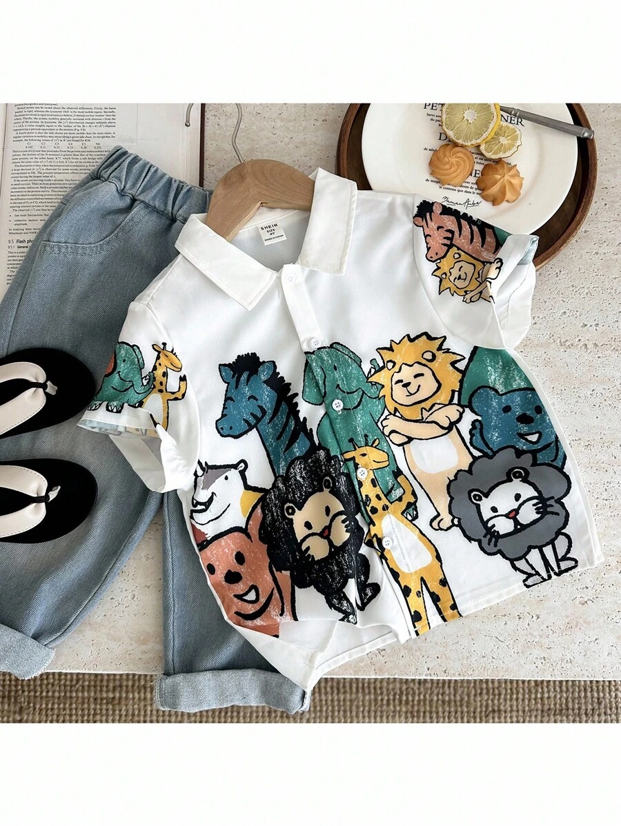 SHEIN Leap Crew Young Boy Casual Cute Pattern Short Sleeve Shirt - Pink - View 1