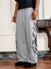 Manfinity VCAY Men's Grey Knit Printed Casual Sweatpants, New Fashionable Design, Emo, 2000s Style - Grey - View 4