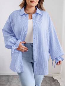 SHEIN CURVE+ Curves 大码返校季/返校季大码反季弧形下摆衬衫，秋冬长袖粉色条纹，女教师款，秋季女装 - 藍色 - 查看 7