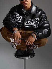 AXEPEAK Plus Size Men's Long Sleeve Casual Fashion Street Hooded PU Leather Jacket With Letter & Star Embroidery, Loose Fit Zip-Up, Autumn, For Fall Winter